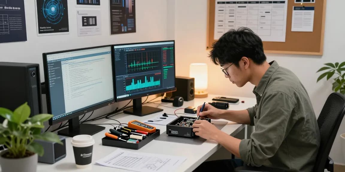 NAGA2000 device repair in a modern tech workspace with multiple diagnostic screens.