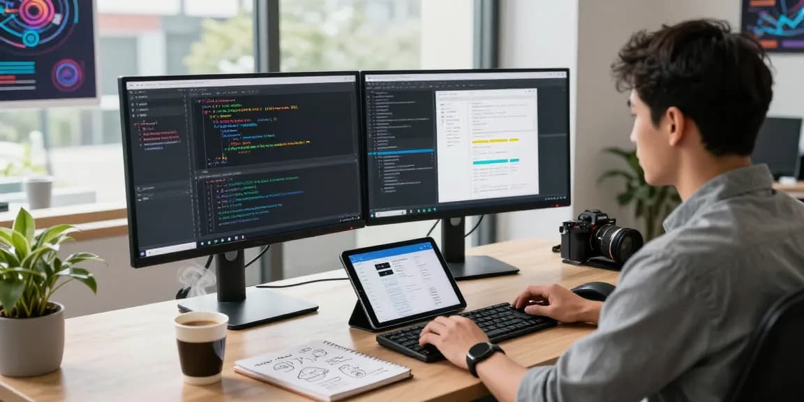 Software developer coding with rti scheduler tools in a modern workspace
