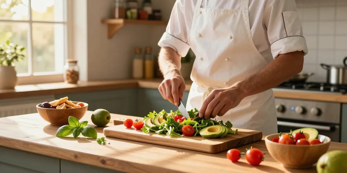 สล็อต-inspired healthy cooking scene with chef preparing fresh salad in vibrant kitchen.