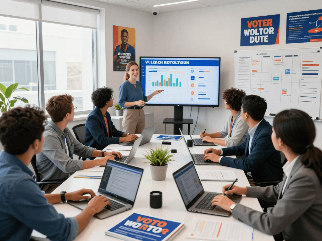 Team collaborating on political marketing strategy, featuring meta political ads authorization data for effective campaigning.