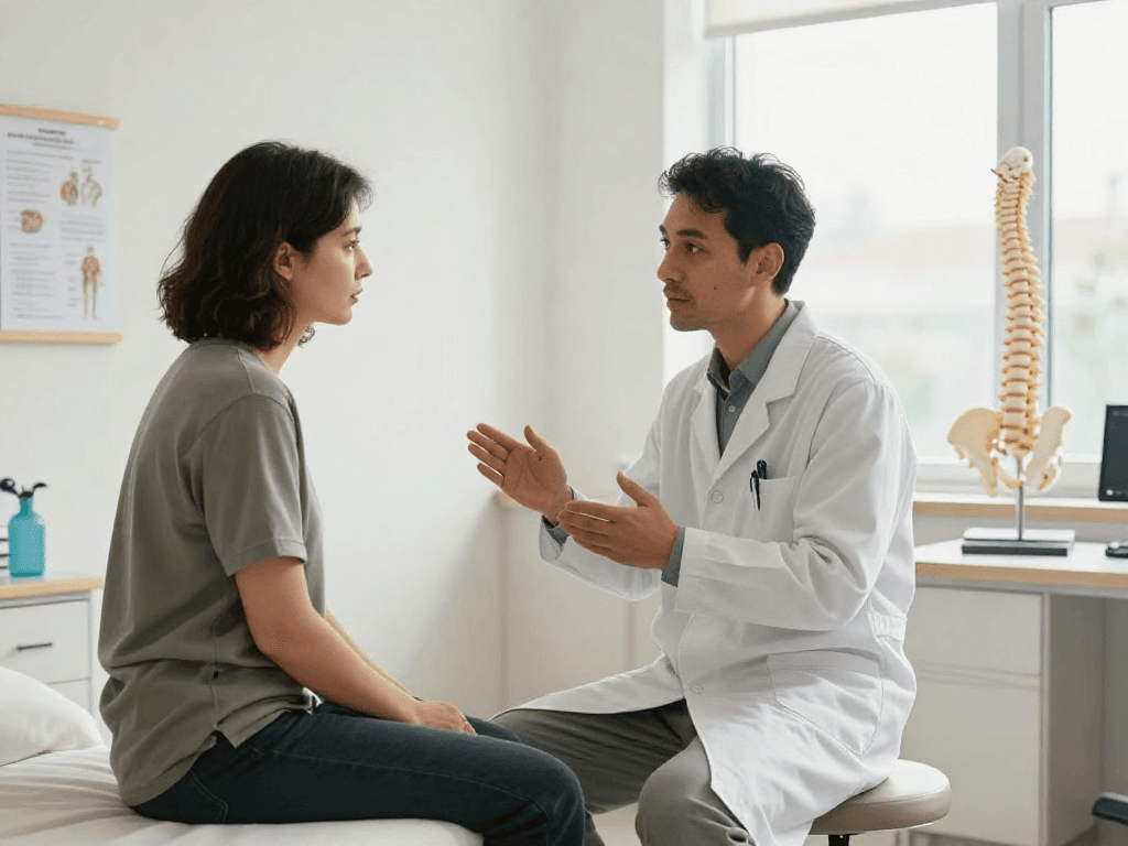 Boyun fıtığı ameliyatı consultation with a specialist discussing treatment options.