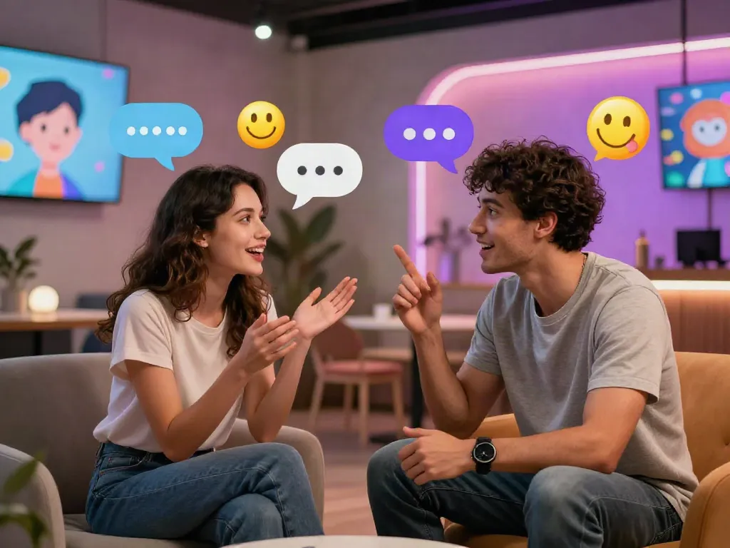 Interactive AI sex chat scene showing engaging conversation in a vibrant lounge.