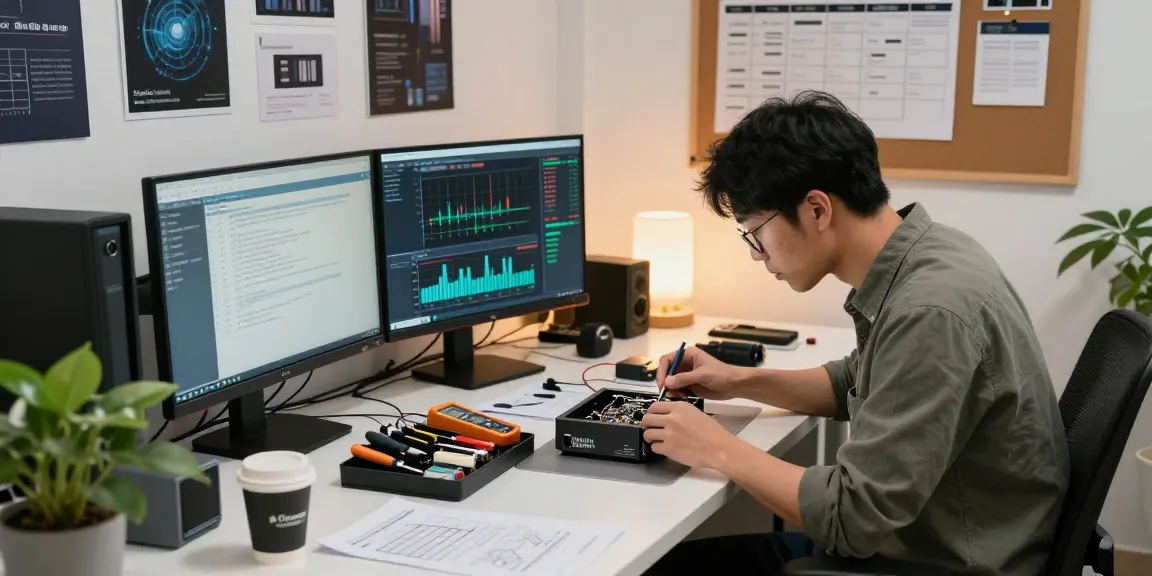 NAGA2000 device repair in a modern tech workspace with multiple diagnostic screens.
