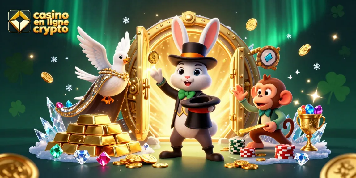 Jouer au casino en ligne crypto avec des personnages 3D cartoon, pièces dorées et effets magiques.