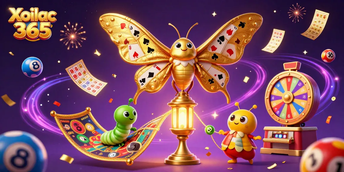 Xoilac 365 captures the vibrant energy of a dynamic online casino with a magical moth and colorful game elements.