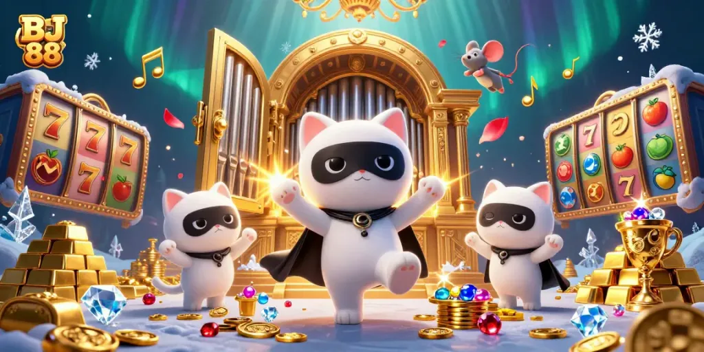Engage with BJ 88's vibrant casino scene featuring vivid gaming elements and characters in an enchanting atmosphere.
