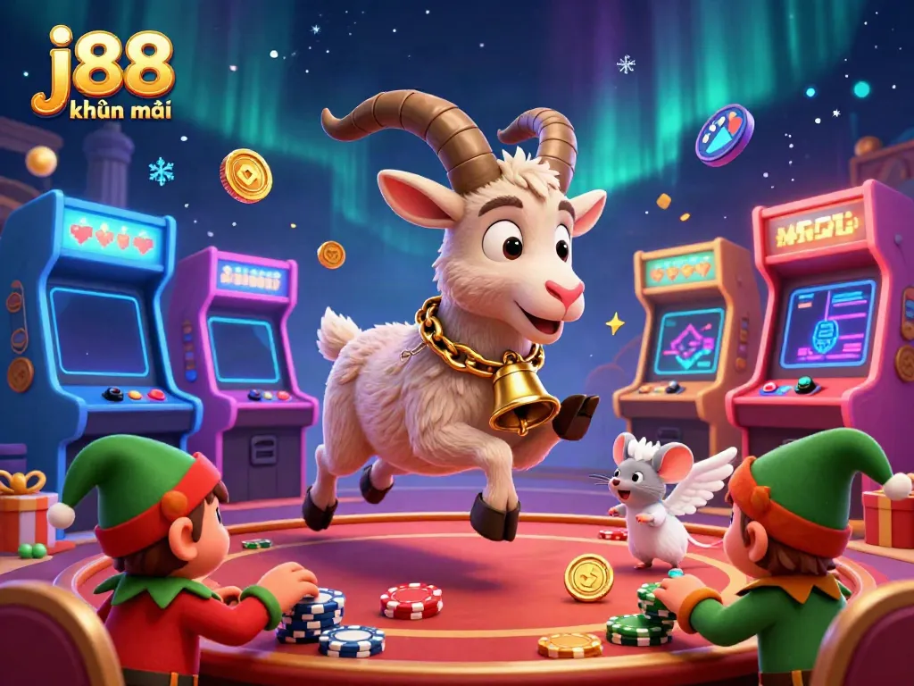 Engaging scene showcasing j88 khuyến mãi with Krampus and angel mouse managing a festive casino, filled with vibrant game elements.