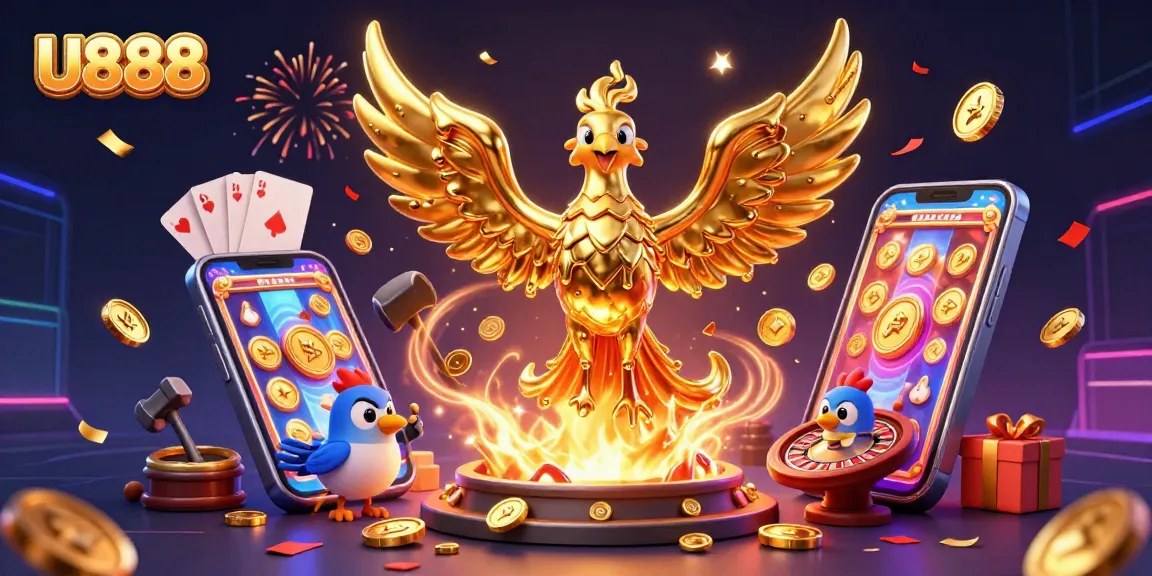 Experience U888 with a golden phoenix and slot game symbols celebrating a winning moment.
