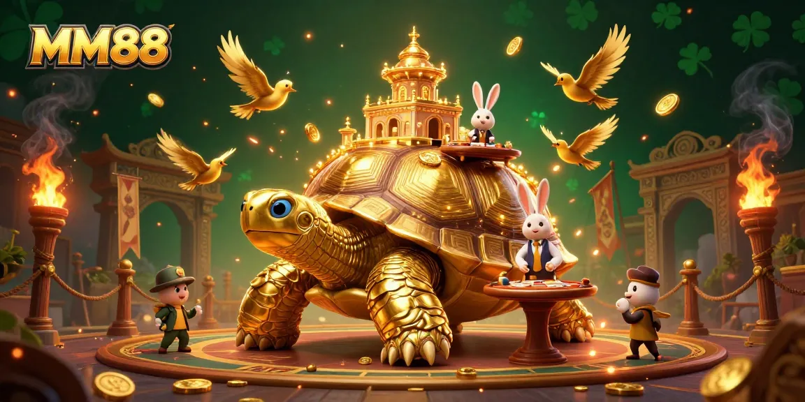 Experience thrilling gameplay at MM88 with a vibrant 3D golden tortoise casino scene and festive elements.
