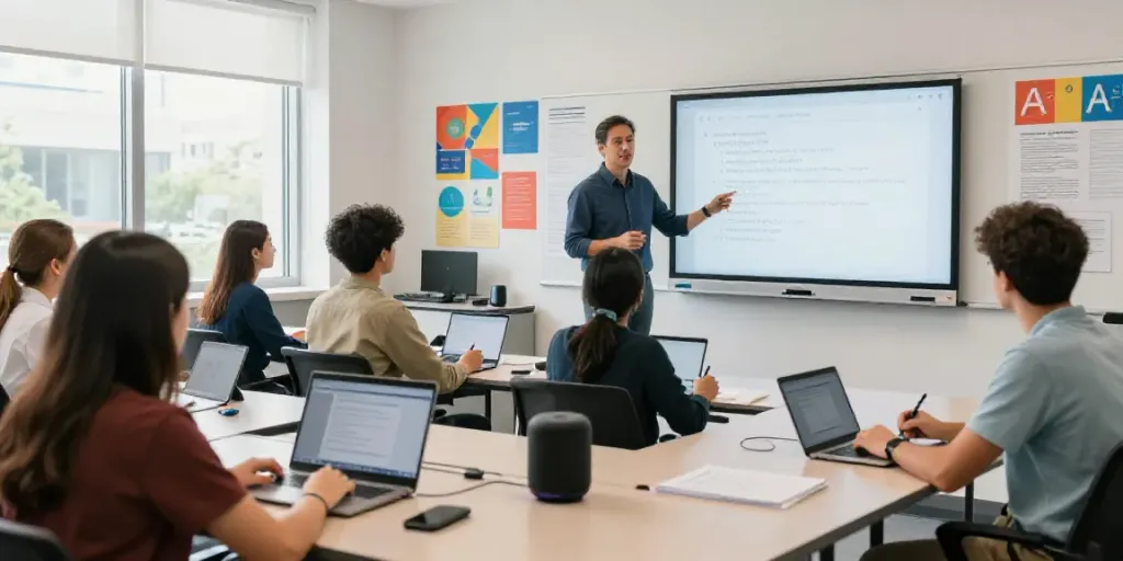 AI lecture transcription pricing showcased in a vibrant classroom with technology and students engaging.