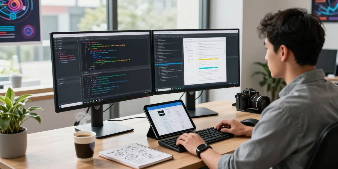 Software developer coding with rti scheduler tools in a modern workspace