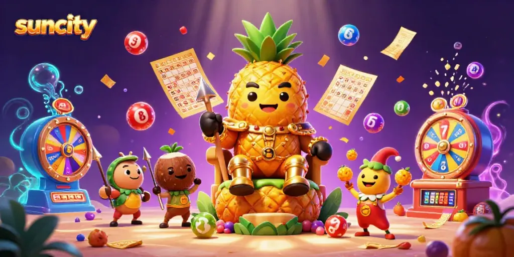 Experience the thrilling suncity atmosphere with a golden pineapple king and vibrant casino elements.