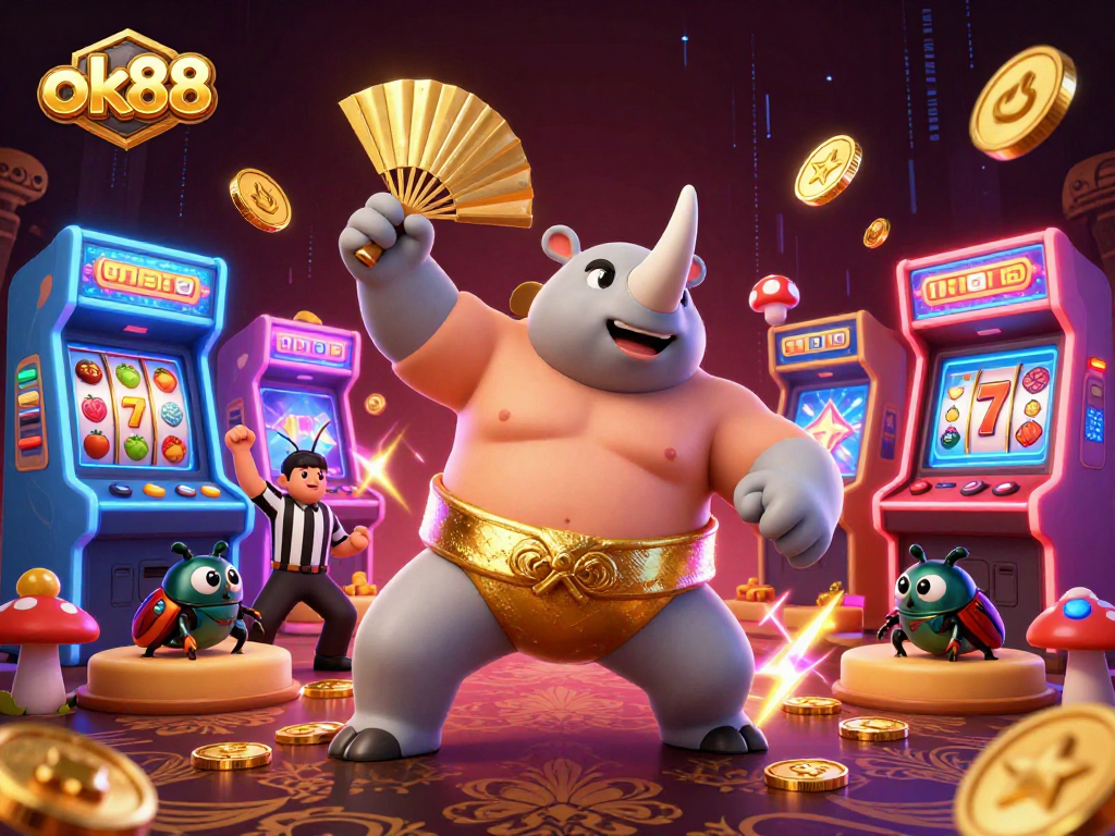 Experience the excitement of ok88 with a dynamic casino scene featuring a sumo champion and vibrant game elements.