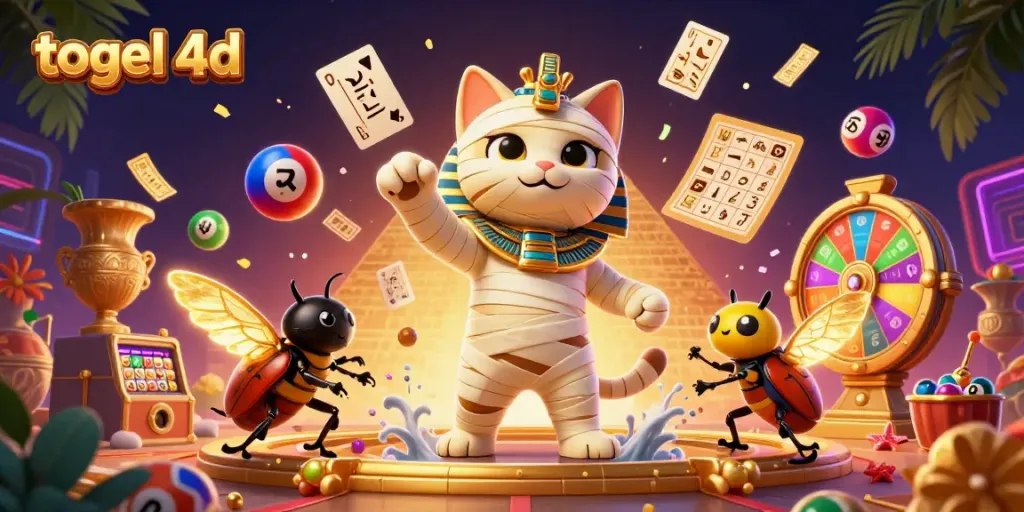 Experience togel 4d thrills with a vibrant 3D illustration of a lively pyramid casino scene.