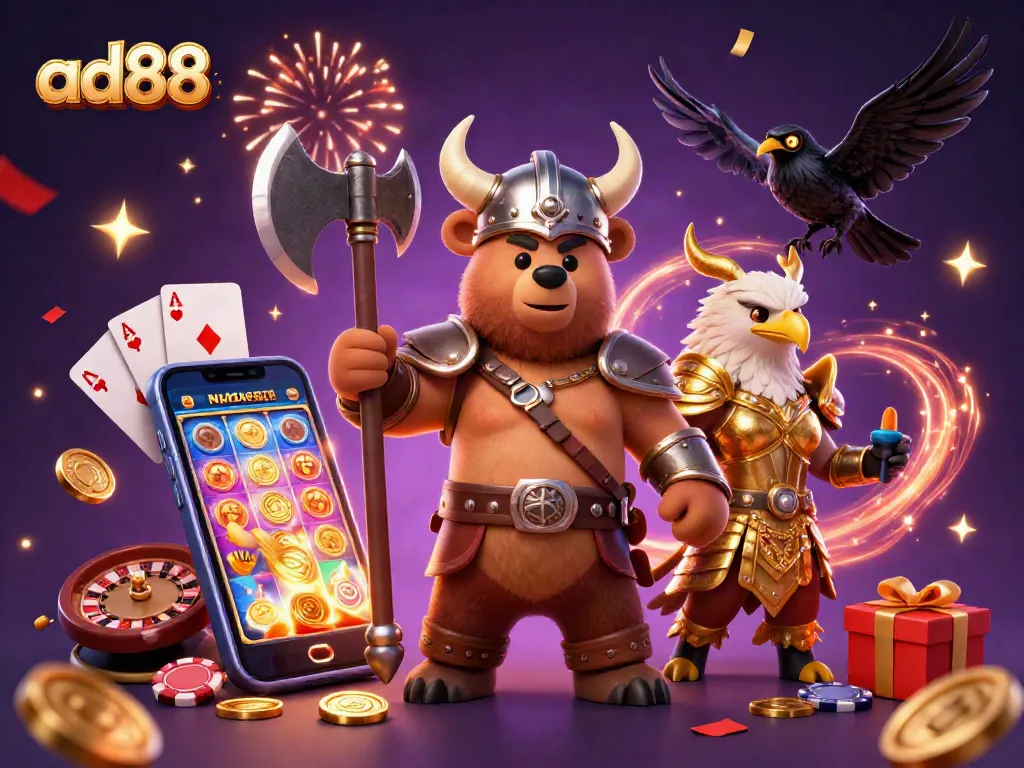ad88 features exciting gameplay with a Viking berserker bear and a Valkyrie eagle in a vibrant casino scene.