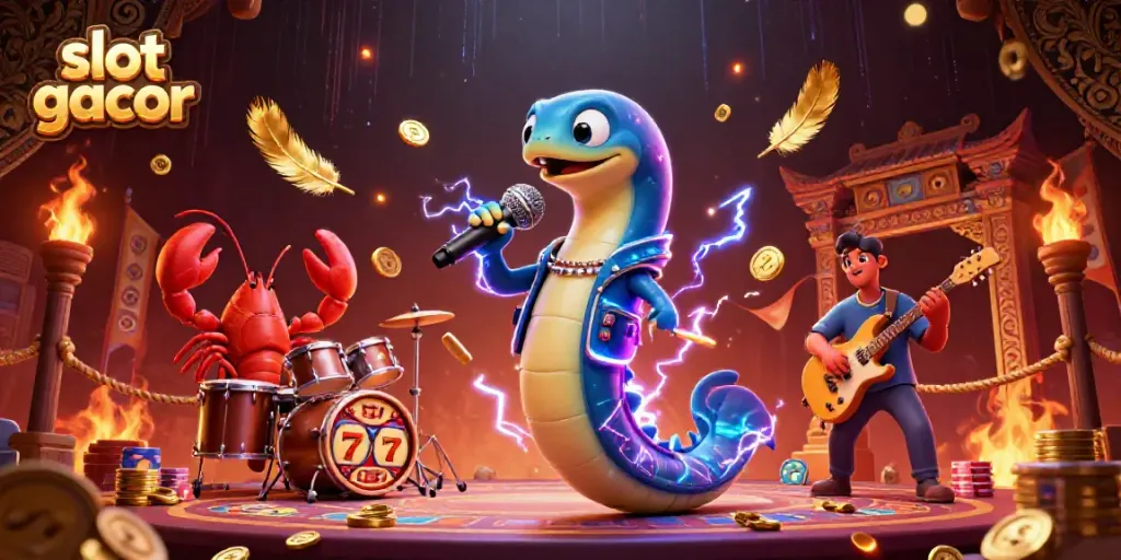 Experience thrilling slot gacor action with a vibrant DJ electric eel performing in an underwater casino.