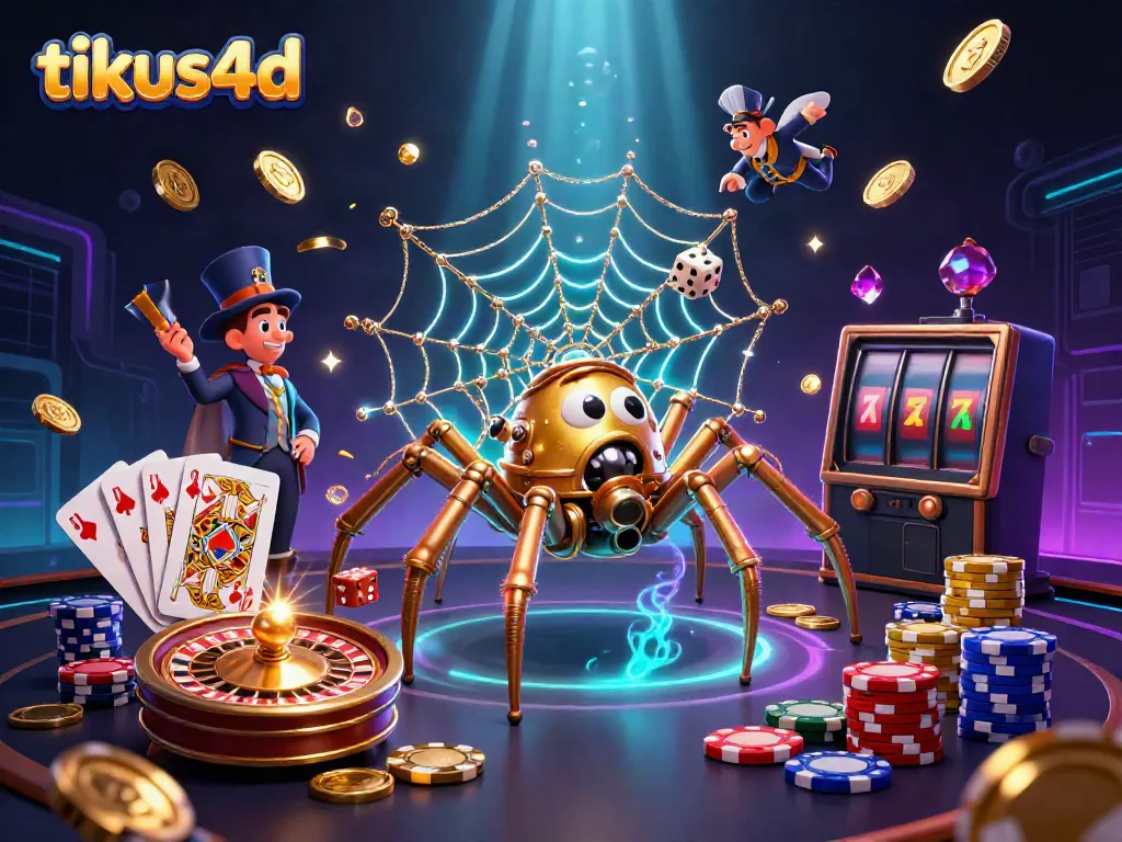 Experience the excitement of tikus4d with a captivating 3D illustration of steampunk characters and casino elements.