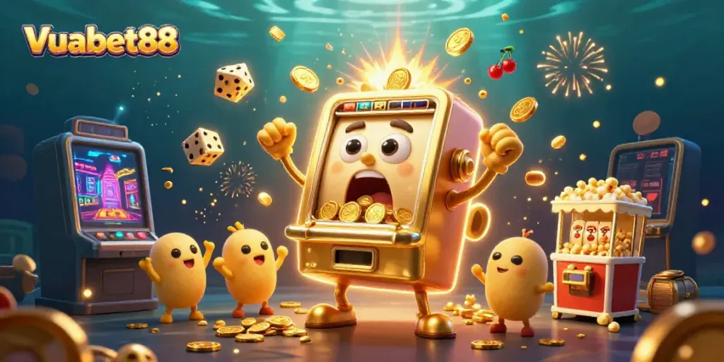 Engage with the thrilling Vuabet88 slot experience as coins flow from a golden machine with cheering allies.