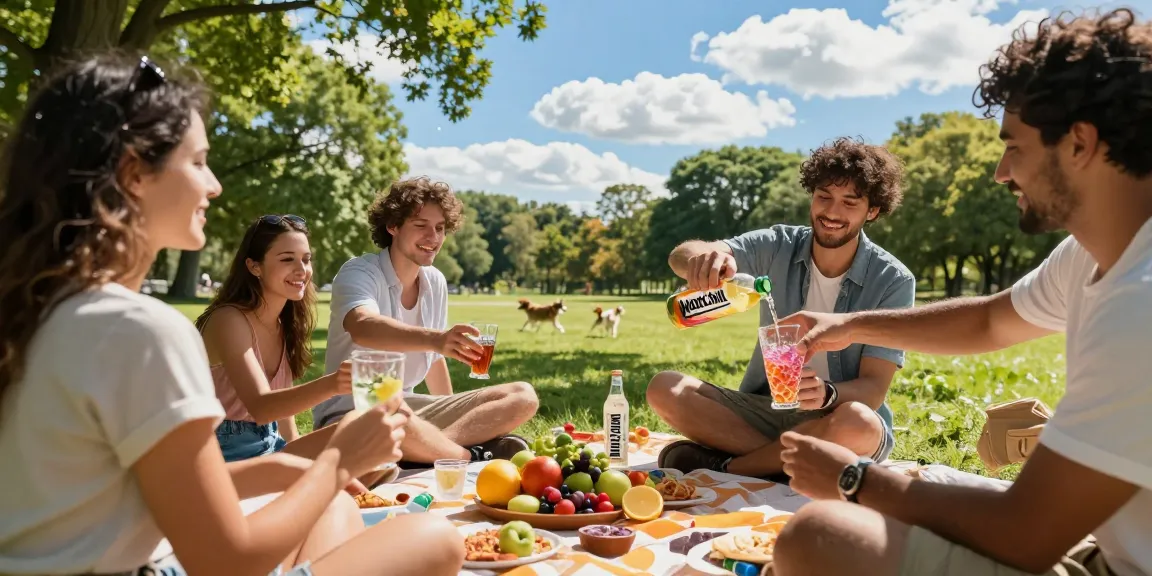 Group of friends enjoying Motchill drinks in a sunny park setting