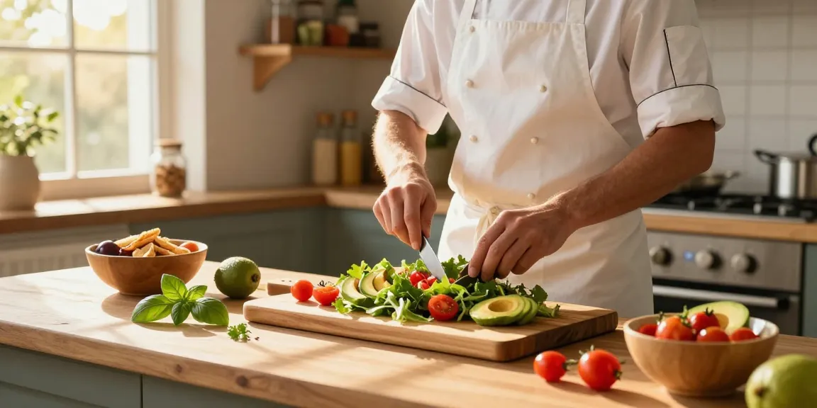 สล็อต-inspired healthy cooking scene with chef preparing fresh salad in vibrant kitchen.