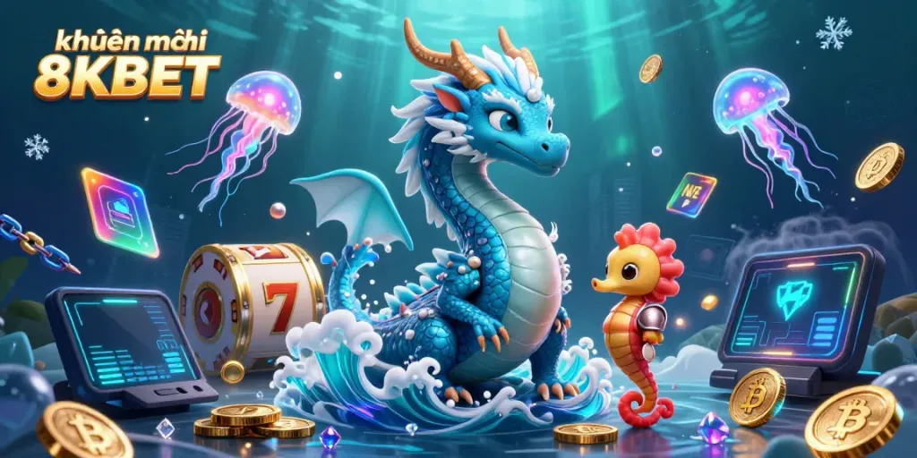 Win big with khuyến mãi 8KBET featuring a vibrant underwater scene of a dragon and a knight amidst jackpot elements.
