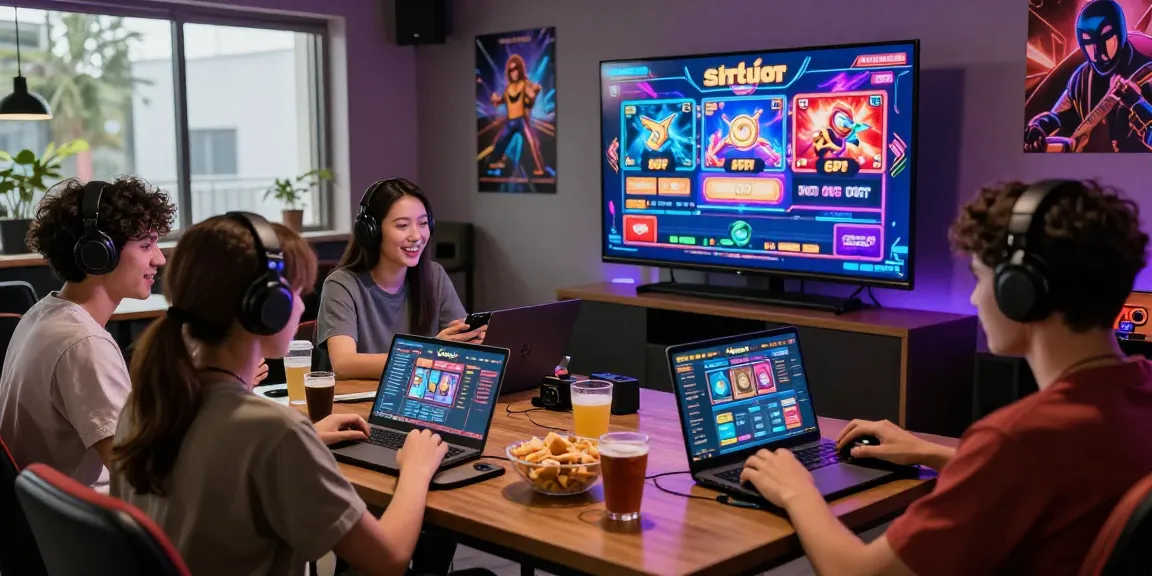 Exciting players engaging with situs slot games in a modern gaming lounge.