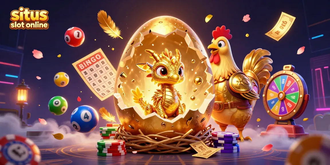 Experience winning moments with situs slot online in a dynamic 3D illustration showcasing vibrant lottery and casino elements.