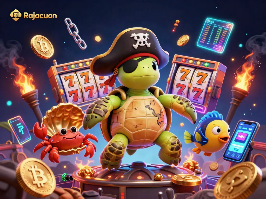 Rajacuan offers an energetic casino scene with a pirate turtle, gold coins, and slot reels.