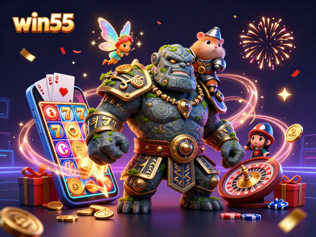Win55 brings exciting casino magic with a 3D golem, fairy, and hamster in gaming chaos.