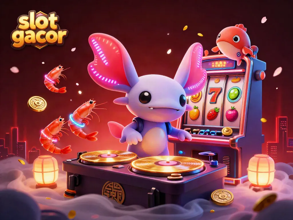 Menyenangkan permainan slot gacor dengan suasana ceria dari DJ axolotl neon dan karakter laut yang meriah.