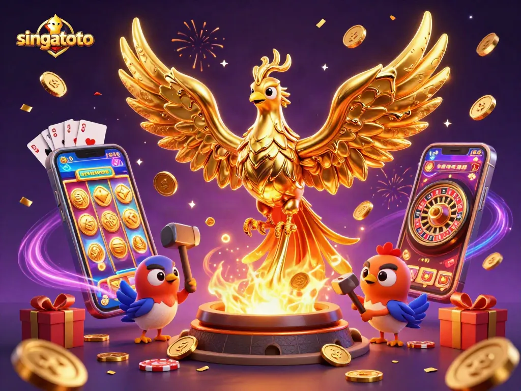 Experience the excitement of singatoto with golden phoenix and slot games in a vibrant casino scene.