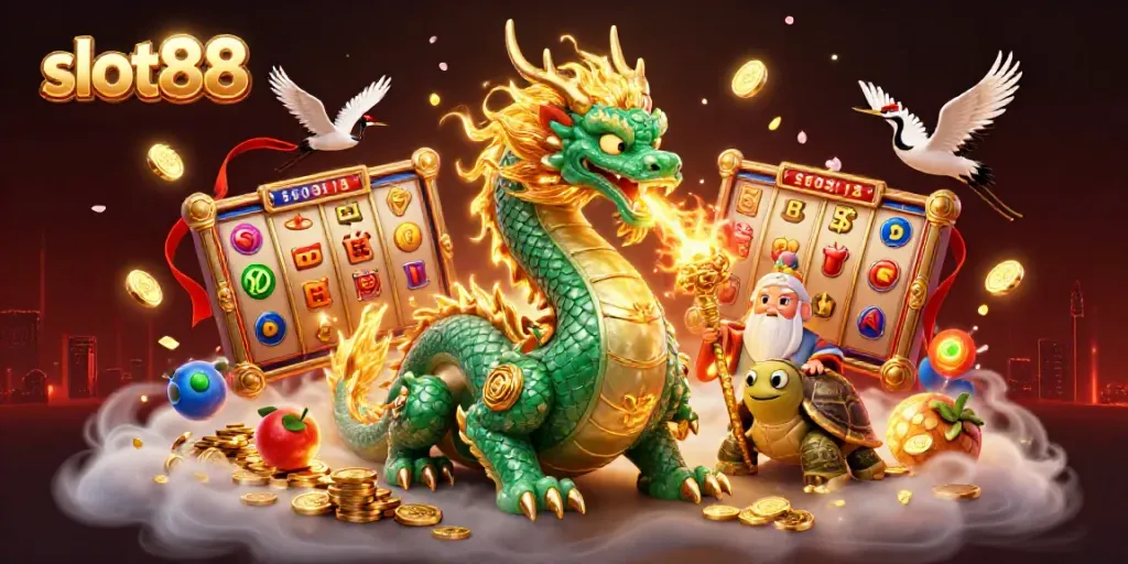 Gamer memainkan slot88 dengan simbol berkilau dan peluang jackpot menarik.