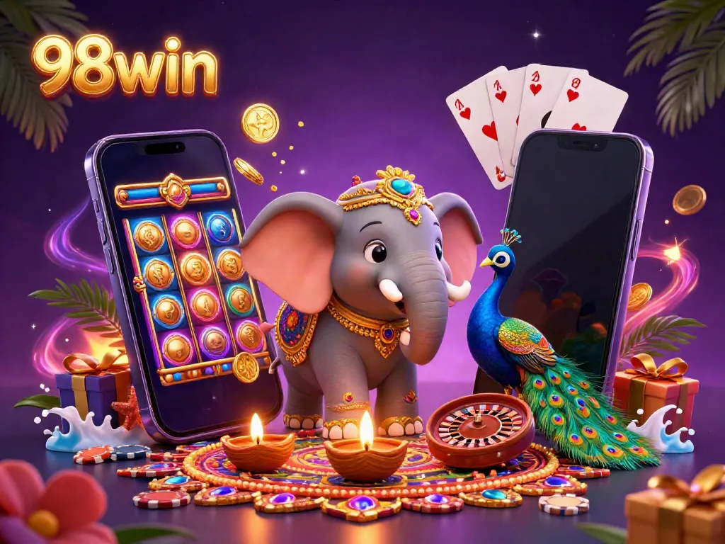 Experience the thrill of 98win with a vibrant 3D elephant, peacock, and dynamic gaming elements in a colorful casino scene.