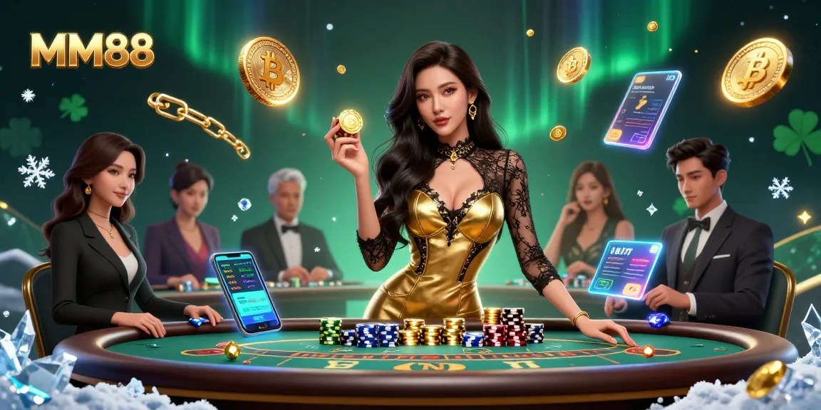 Experience high-stakes gambling with MM88 at a VIP baccarat table while holding golden casino chips.