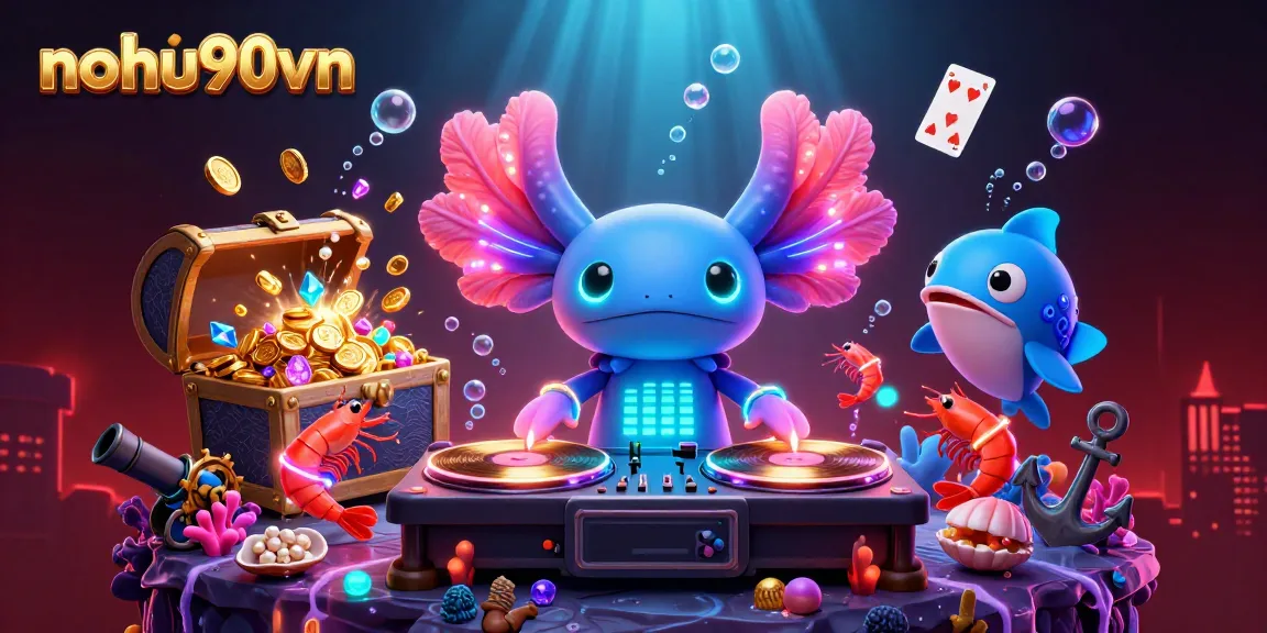 Nohu90vn showcases a vibrant underwater casino scene with a DJ axolotl and glowing elements.