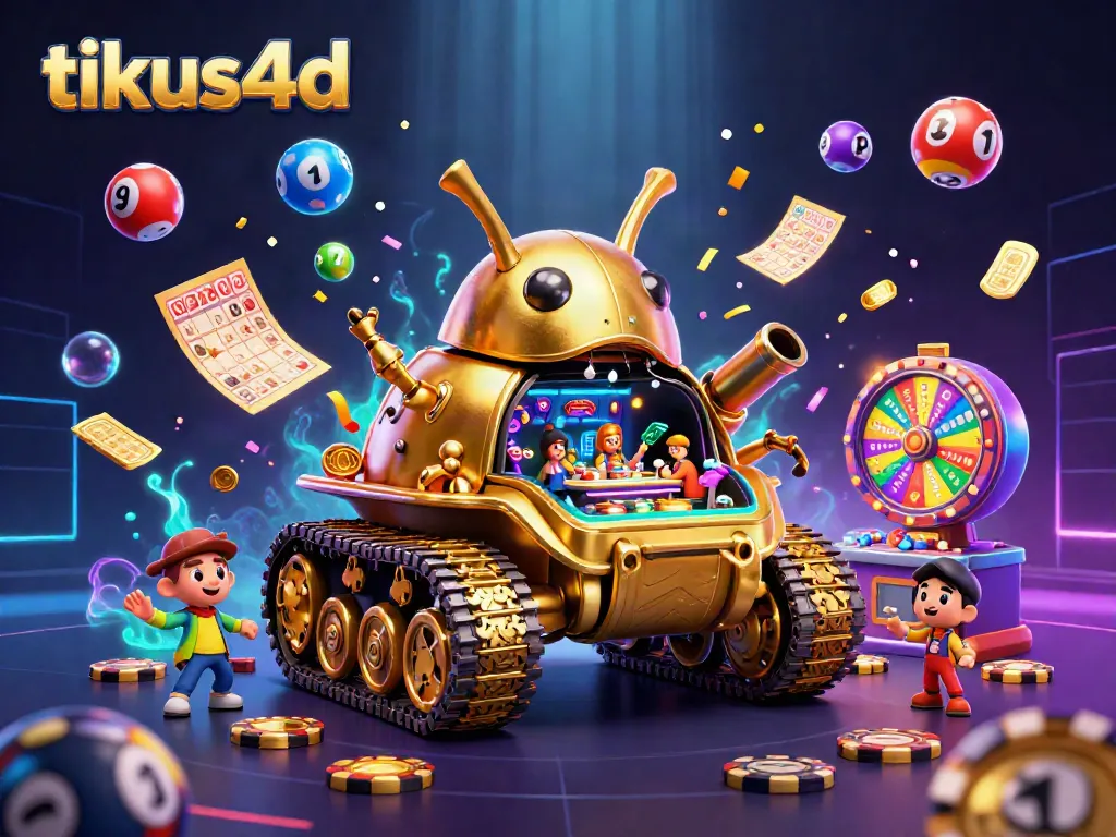Permainan seru tikus4d dengan mobil tank emas dan kasino mini, berserakan bola lotere berwarna.
