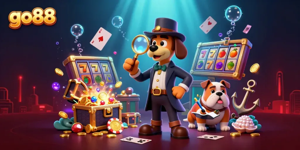 Engage with go88's exciting gaming adventure as a detective solves clues amidst vibrant casino elements.