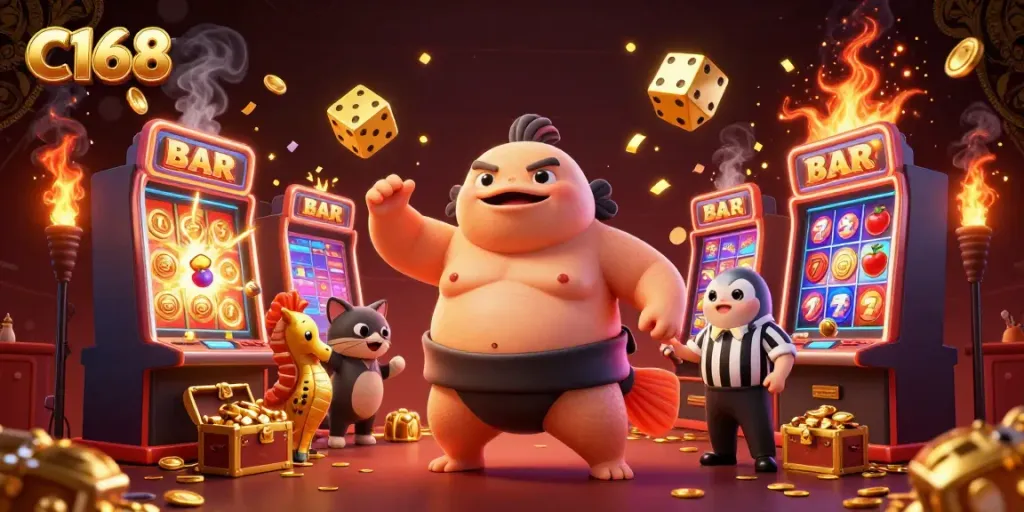 Experience excitement at C168 casino with a colorful underwater scene featuring a fugu, catfish referee, and dynamic slot machines.