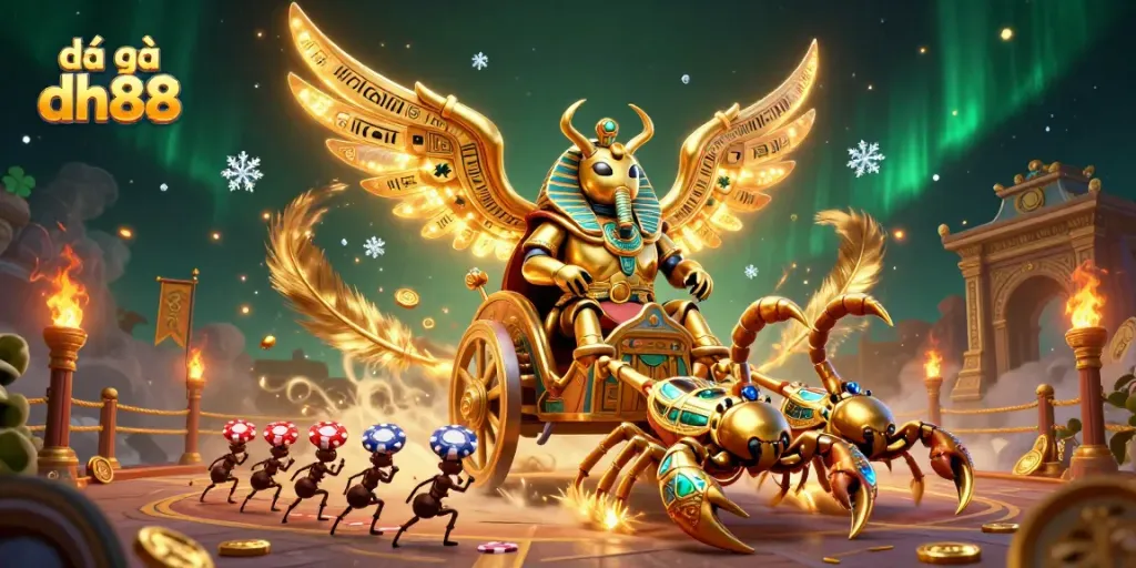 Engage with đá gà dh88 bets through captivating scenes of arena action and golden symbols illustrating the excitement of the game.