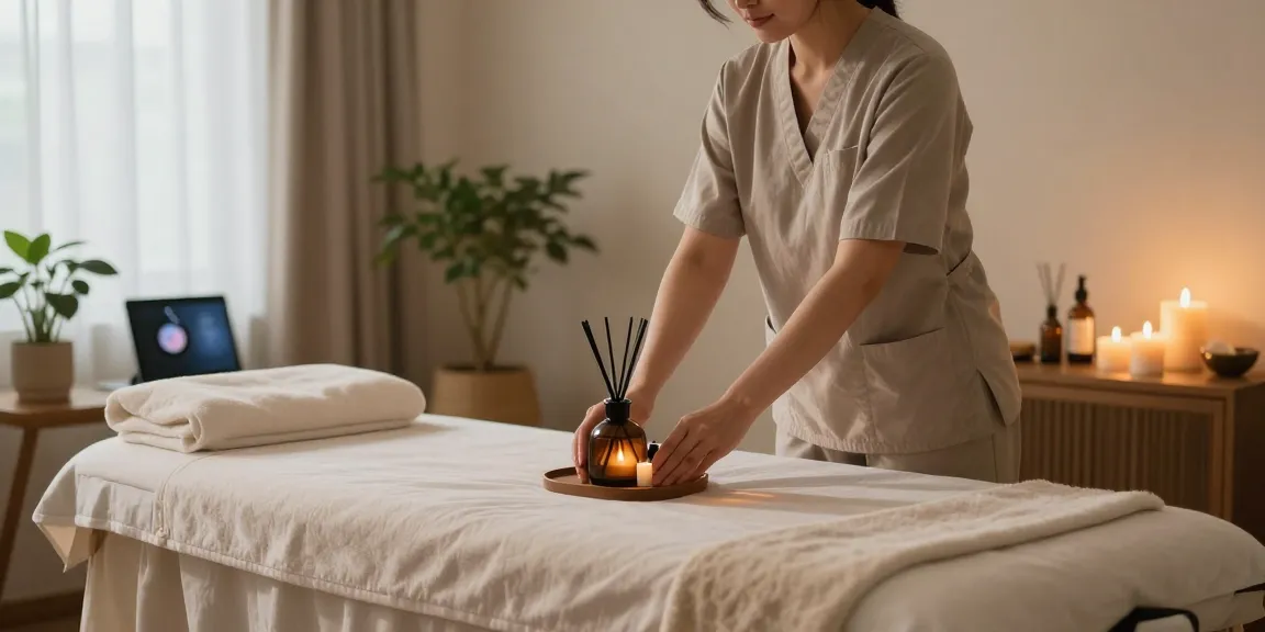 Relaxing 의왕출장마사지 scene with a professional therapist setting up a serene environment for soothing massage therapy.