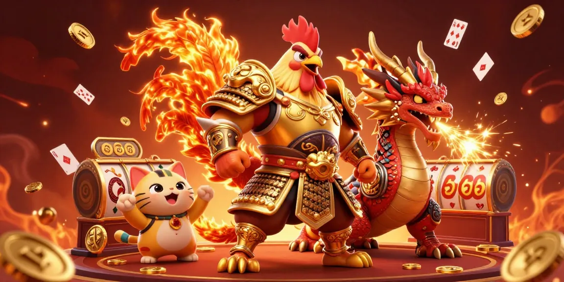 S666 showcases a powerful rooster warrior and dragon hatchling amidst rich casino elements, emphasizing exciting gameplay.