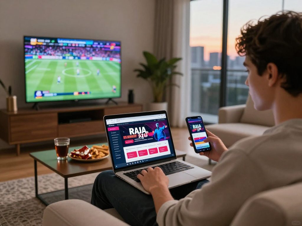 Exciting home betting scene featuring raja 328, with a cozy setup and vibrant sports events.