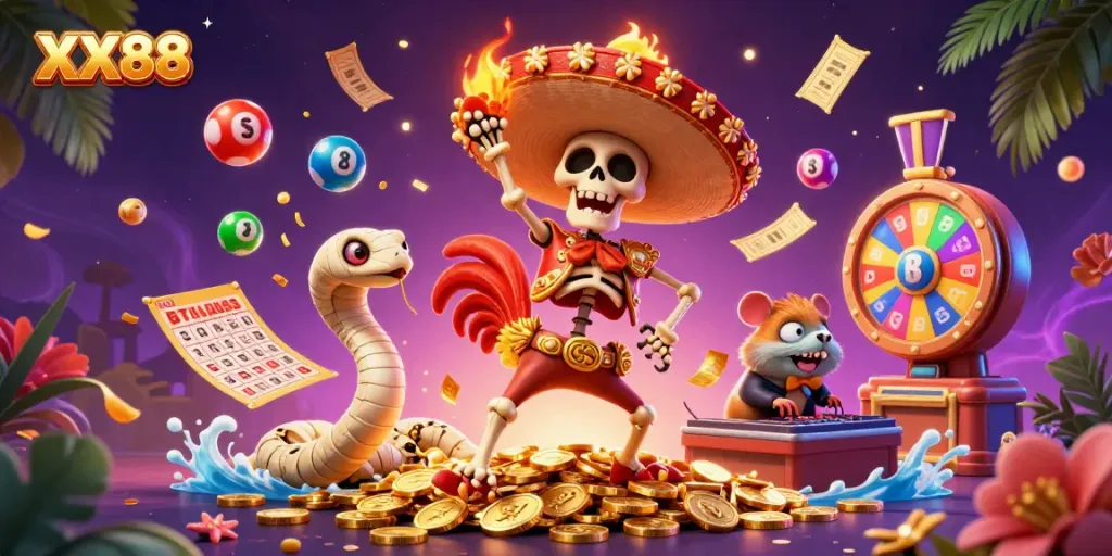 Experience thrilling action at XX88 with vibrant casino characters celebrating over a bounty of gaming rewards.
