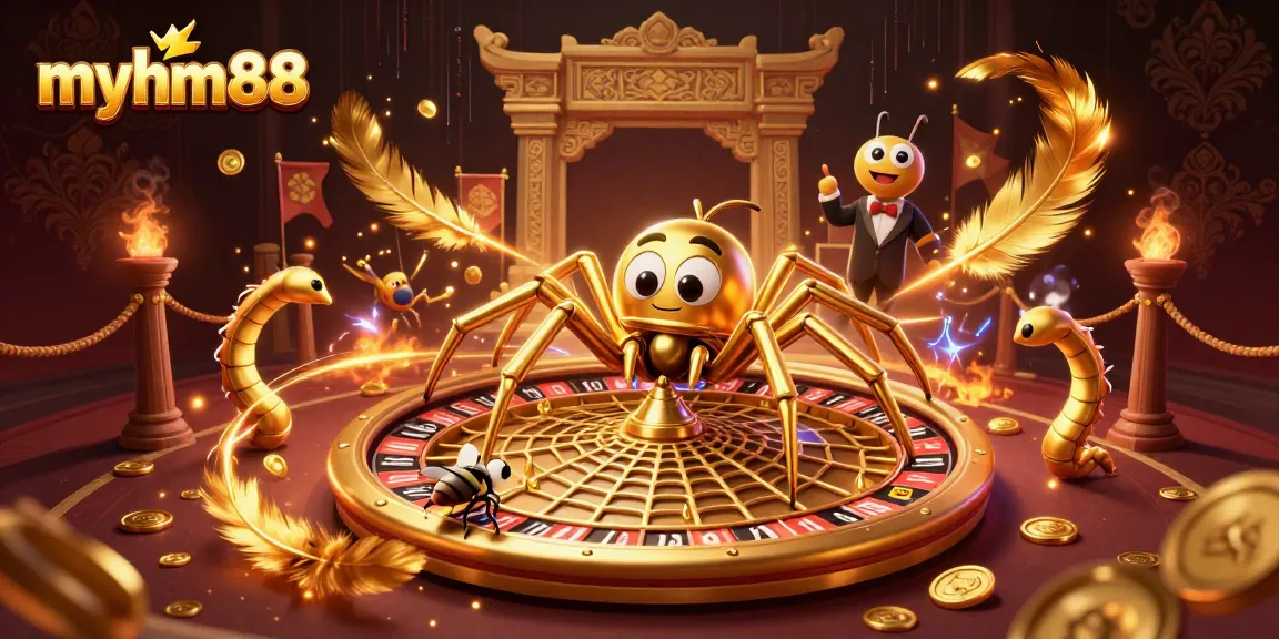 Experience the excitement of myhm88 with a roulette-themed spider illustration amidst a dynamic casino setting.