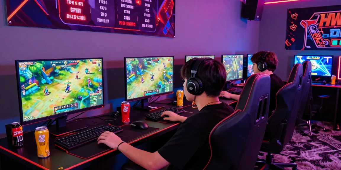 Engaged gamer playing HWGSLOT with multiple screens and colorful LED lights.