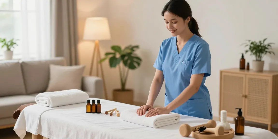 A serene setting for 천호동출장안마 with a therapist preparing for a massage in a cozy living room.