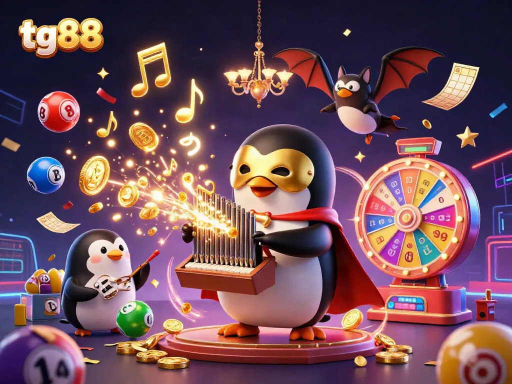 Engage in thrilling gaming with tg88's vibrant casino-themed illustration of a penguin and bat acrobat.