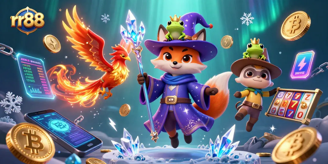 Win big with rr88 at the vibrant online casino showcasing a mystical wizard, phoenix, and interactive slot elements.