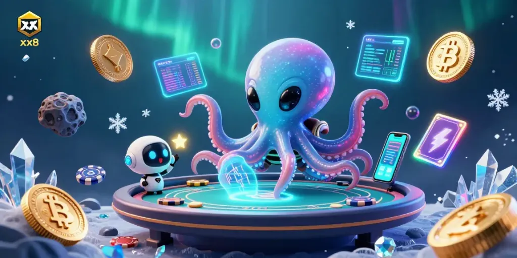 Engage with xx8 in an exciting cosmic casino scene featuring a vibrant alien poker game.