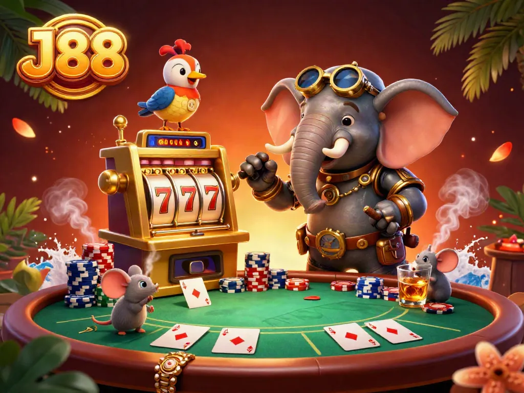 Experience exciting gaming at J88 with a vibrant 3D slot machine scene featuring a steampunk elephant engineer.